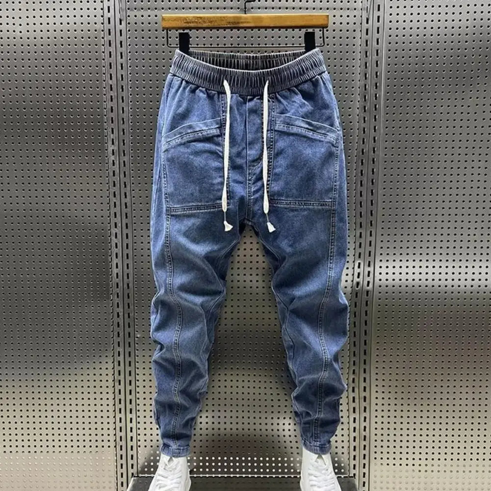 Elastic Waist Jeans Men's Elastic Drawstring Waist Denim Cargo Pants With Pockets Solid Color Harem Trousers For Spring Autumn - Premium Kiosk