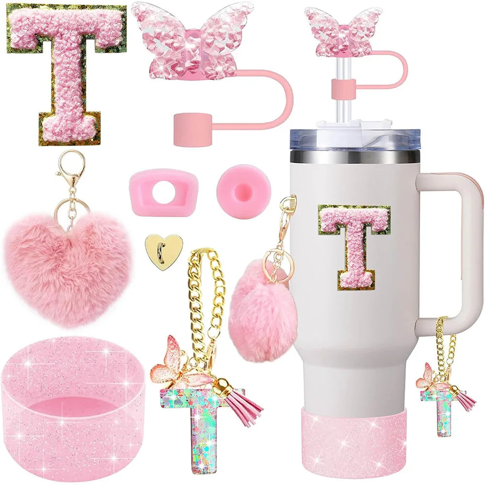 8pcs Cup Accessories for Stanley Cup 30oz 40oz Includes Butterfly Straw Cover Cap Silicone Boot Handle Charm Initials Sticker