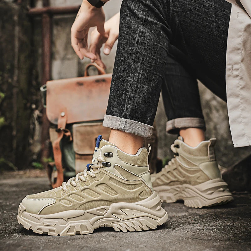 2025 Men's high-top thick-sole casual shoes versatile mixed material daddy sneakers outdoor tooling wear-resistant men's shoes