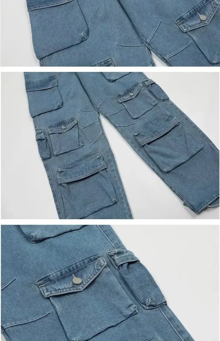 Men's Cargo Jeans Spring New Fashion Hip Hop Streetwear Multi Pocket Loose Blue Wide Legs Denim Pants Personalized Y2K Trousers - Premium Kiosk