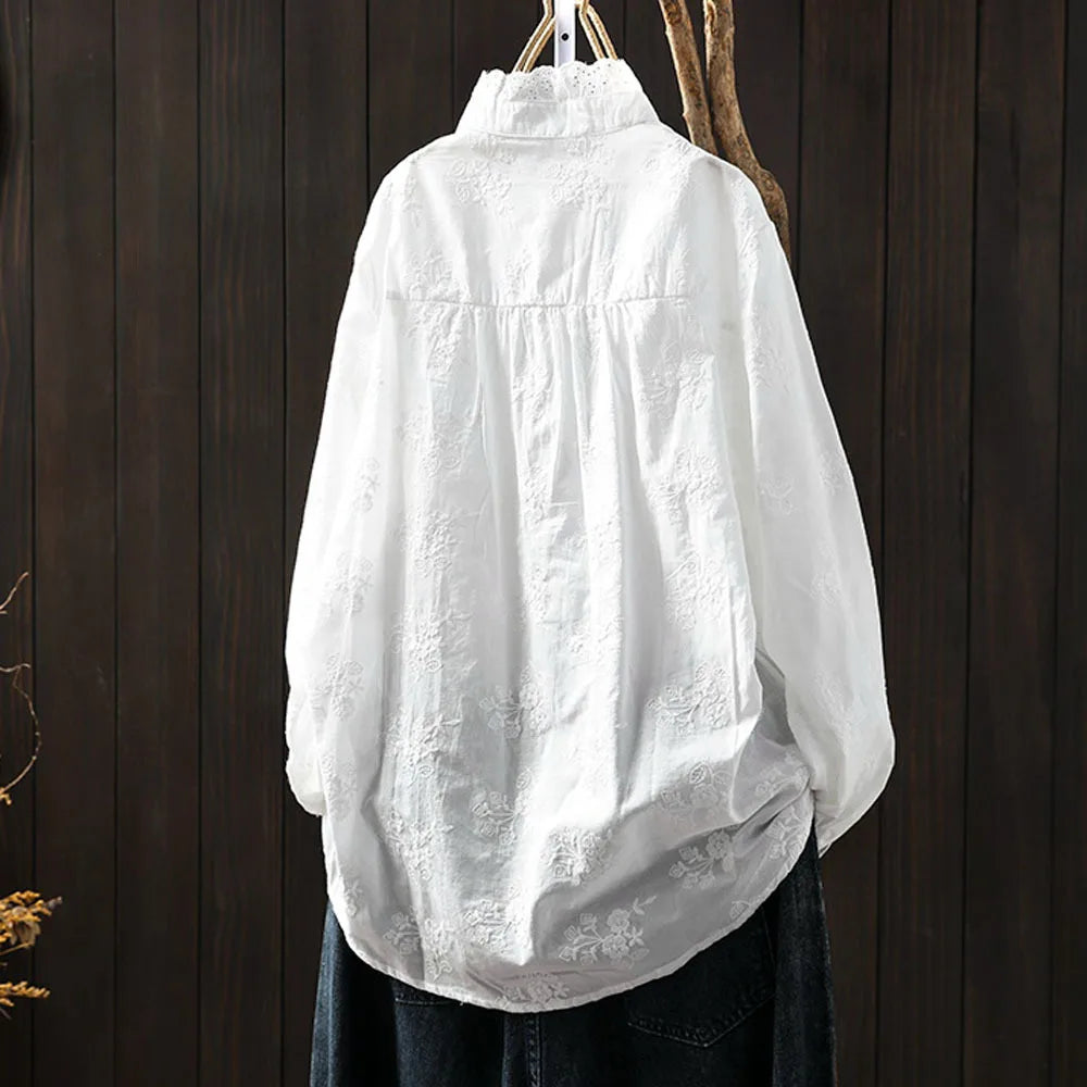 2025 Women's elegant blouse 100% cotton bohemian stand collar long sleeve white embroidery shirts female