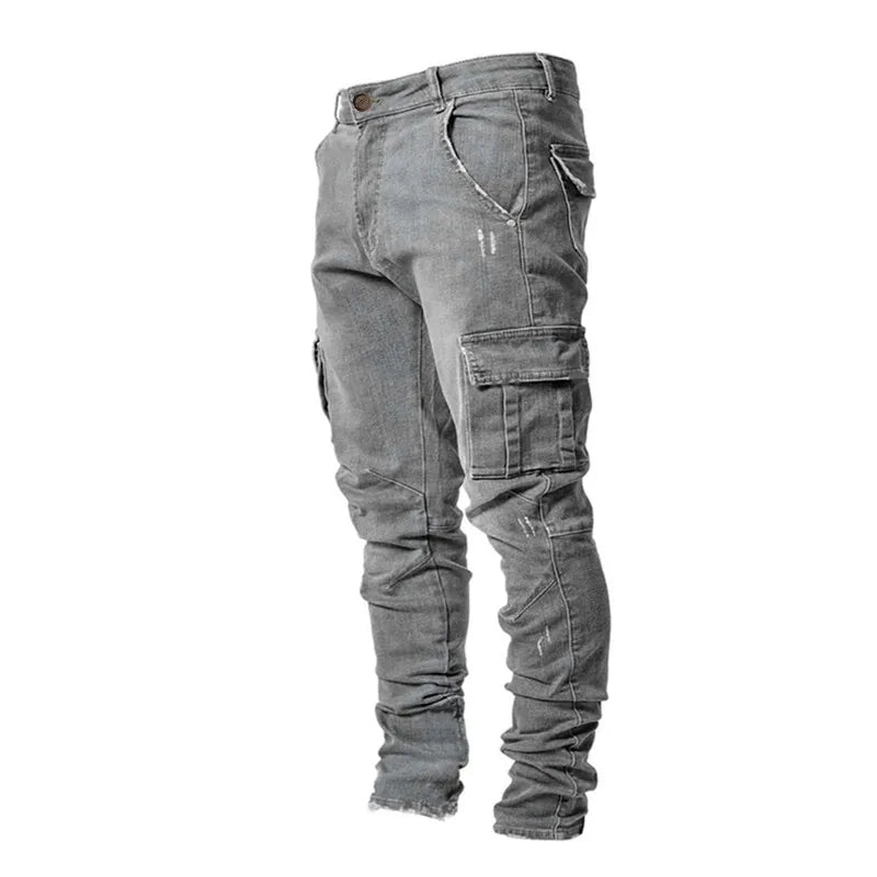 Fashion New Men's Denim Cargo Pants Multi-pockets Design Solid Slim Jeans Men Street Elastic Cowboy Trousers Daily Wear Joggers