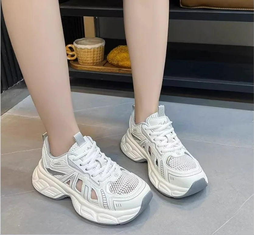 2025 New Fashion Dad Shoes -Breathable Hollow-Out Sneakers with Contrast Laces, Lightweight Summer Walking Shoes for Travel