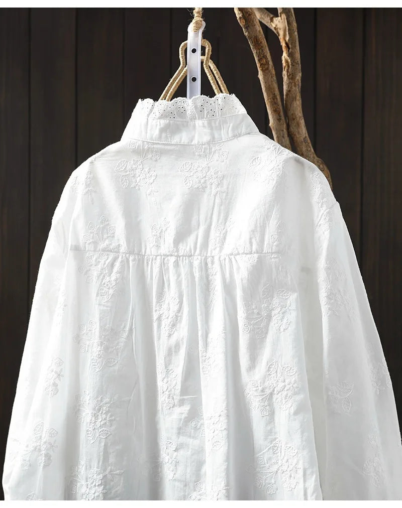 2025 Women's elegant blouse 100% cotton bohemian stand collar long sleeve white embroidery shirts female