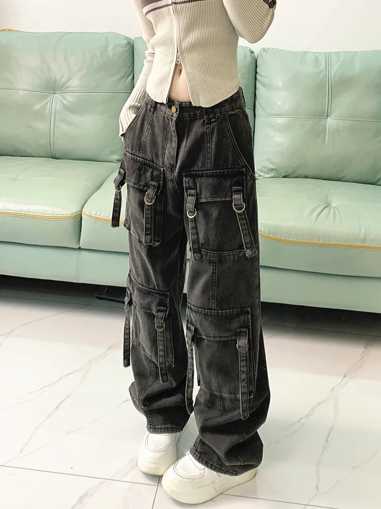 2023 Cyber Y2K Streetwear Grey Distressed Baggy Cargo Jeans Pants For Women Multiple Pockets Wide Leg Hip Hop Lady Old Trousers - Premium Kiosk