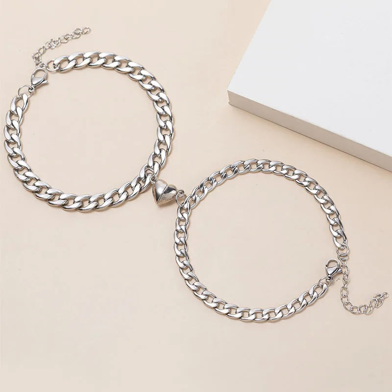 2Pcs/set Magnet Couple Bracelets Heart Attraction Bracelet Stainless Steel Charm Simple Cuban Chains Key Lock Jewelry Gifts
