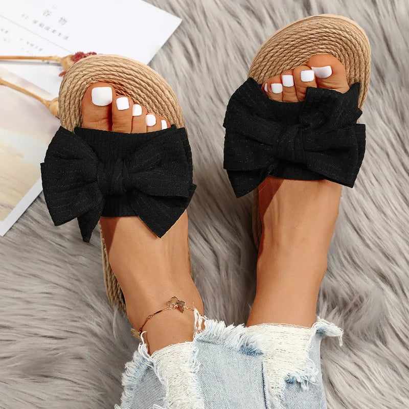 Women Slippers Fashion Trend Bow Anti Slip Sandals Wear-resistant Comfortable Soft Sole Flat Heel Slippers Home Slides Women - Premium Kiosk
