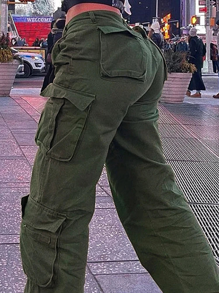 Womens New Denim Cargo Pants Retro Loose Trousers Multi Pocket Hip Hop Jeans Streetwear Wide Leg Casual Straight Pants TC708321 - Premium Kiosk