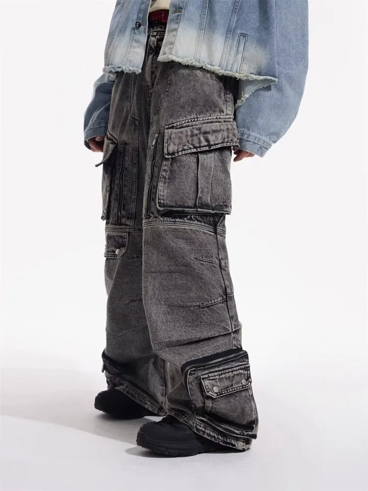 2025 Cyber Y2K Streetwear Washed Grey Baggy Cargo Jeans Pants For Men 90S Vintage Clothes Wide Leg Zipper Gothic Denim Trousers - Premium Kiosk
