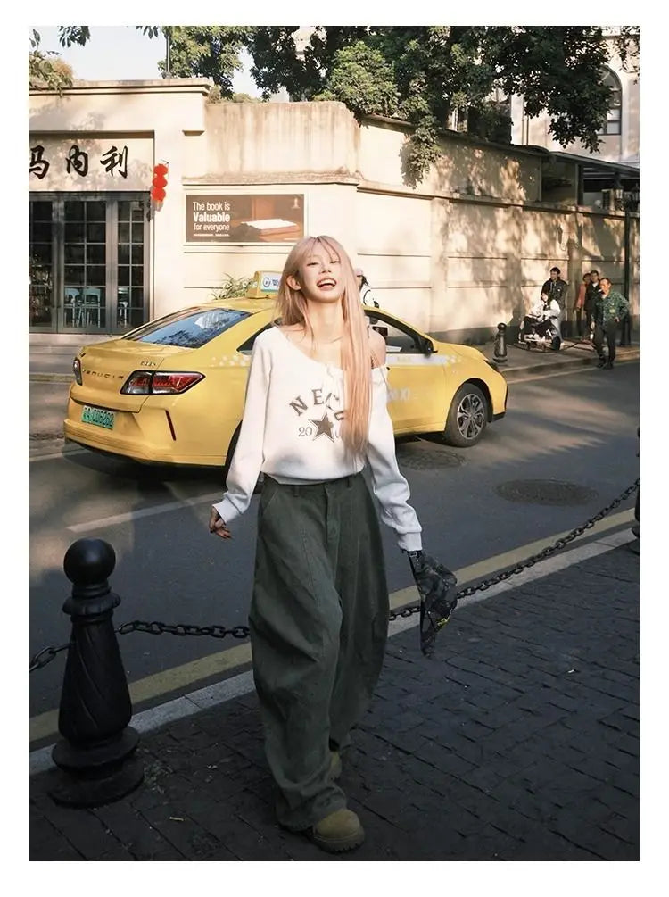 Women's Y2K Vintage Wash Cargo Jeans Harajuku Scimitar Wide Leg American Retro Denim Pants Baggy Trousers Gyaru Streetwear - Premium Kiosk