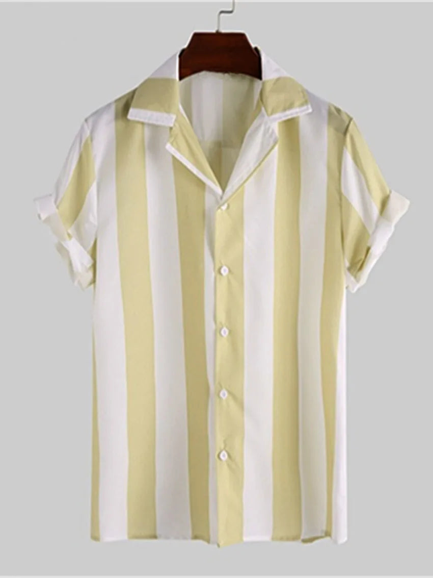 Men's striped casual shirt, summer beach casual loose-fitting short-sleeved shirt, summer daily commuting style travel shirt