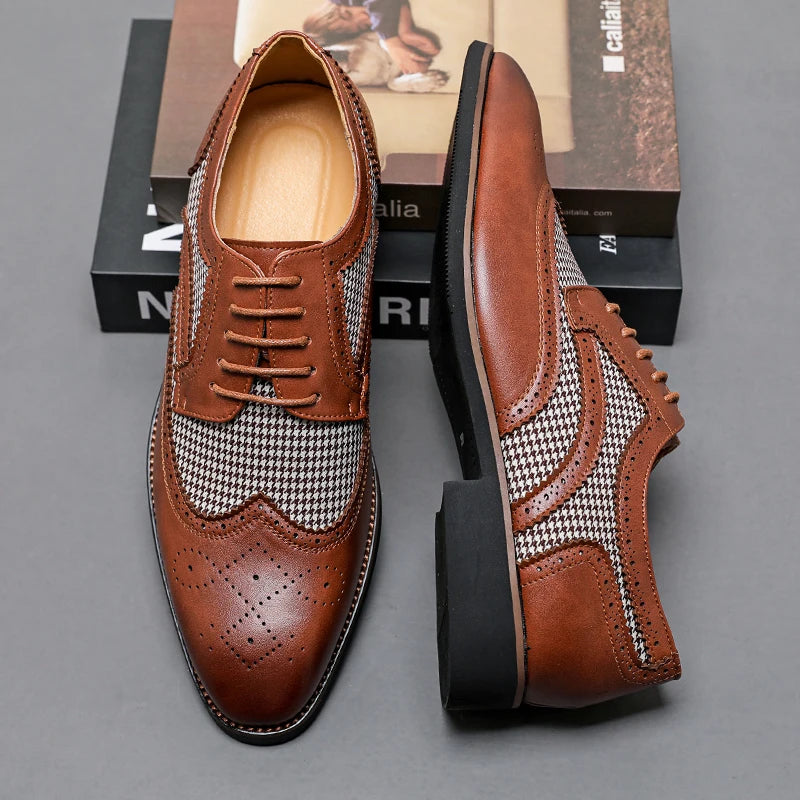 2025 Spring British Two-Tone Brogue Shoes Men Leather Low-Cut Casual Shoes Anti-Slip Breathable Office Daily Wear Oxford Shoes