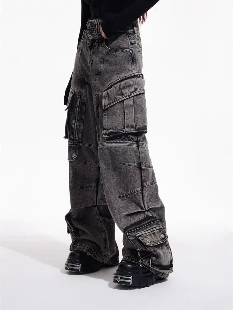 2025 Cyber Y2K Streetwear Washed Grey Baggy Cargo Jeans Pants For Men 90S Vintage Clothes Wide Leg Zipper Gothic Denim Trousers - Premium Kiosk