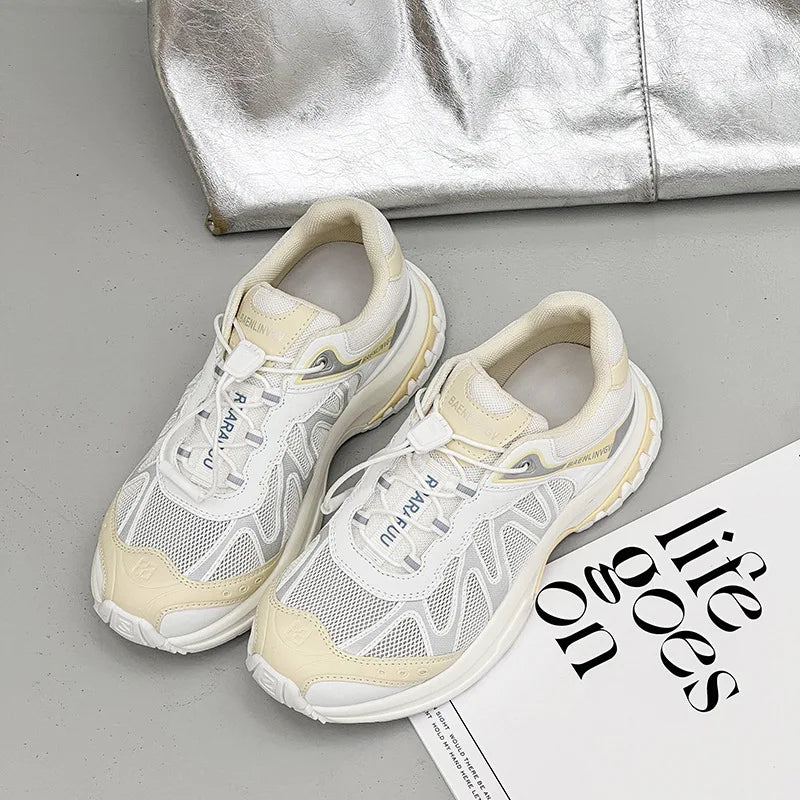 Women's Dad Shoes Thick Sole Heightening 2025 Spring Autumn Pure Color Adult Laced Comfortable Polyurethane Casual Sports Shoes