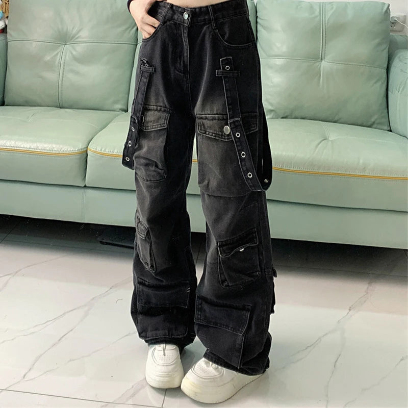 Women's Black Baggy Cargo Jeans Harajuku Oversize Denim Trousers Y2k 90s Vintage 2000s Jean Pants Trashy Clothes 2025 - Premium Kiosk