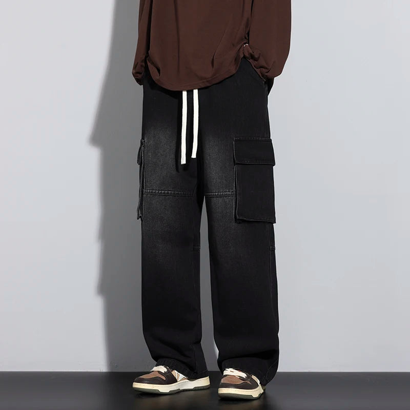 Men's Straight Cargo Jeans New Elastic Waist Multi-pockets Baggy Denim Pants Y2K Fashion Harajuku Streetwear Trousers Male - Premium Kiosk