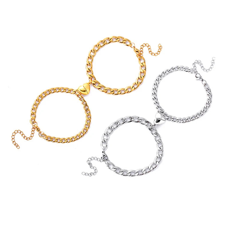2Pcs/set Magnet Couple Bracelets Heart Attraction Bracelet Stainless Steel Charm Simple Cuban Chains Key Lock Jewelry Gifts