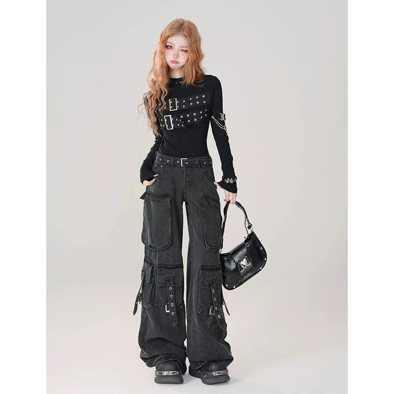 Y2K 2000S Black Cargo Jeans Women Vintage Streetwear Wide Leg Denim Pants Harajuku Aesthetic High Waist Baggy Straight Trousers - Premium Kiosk