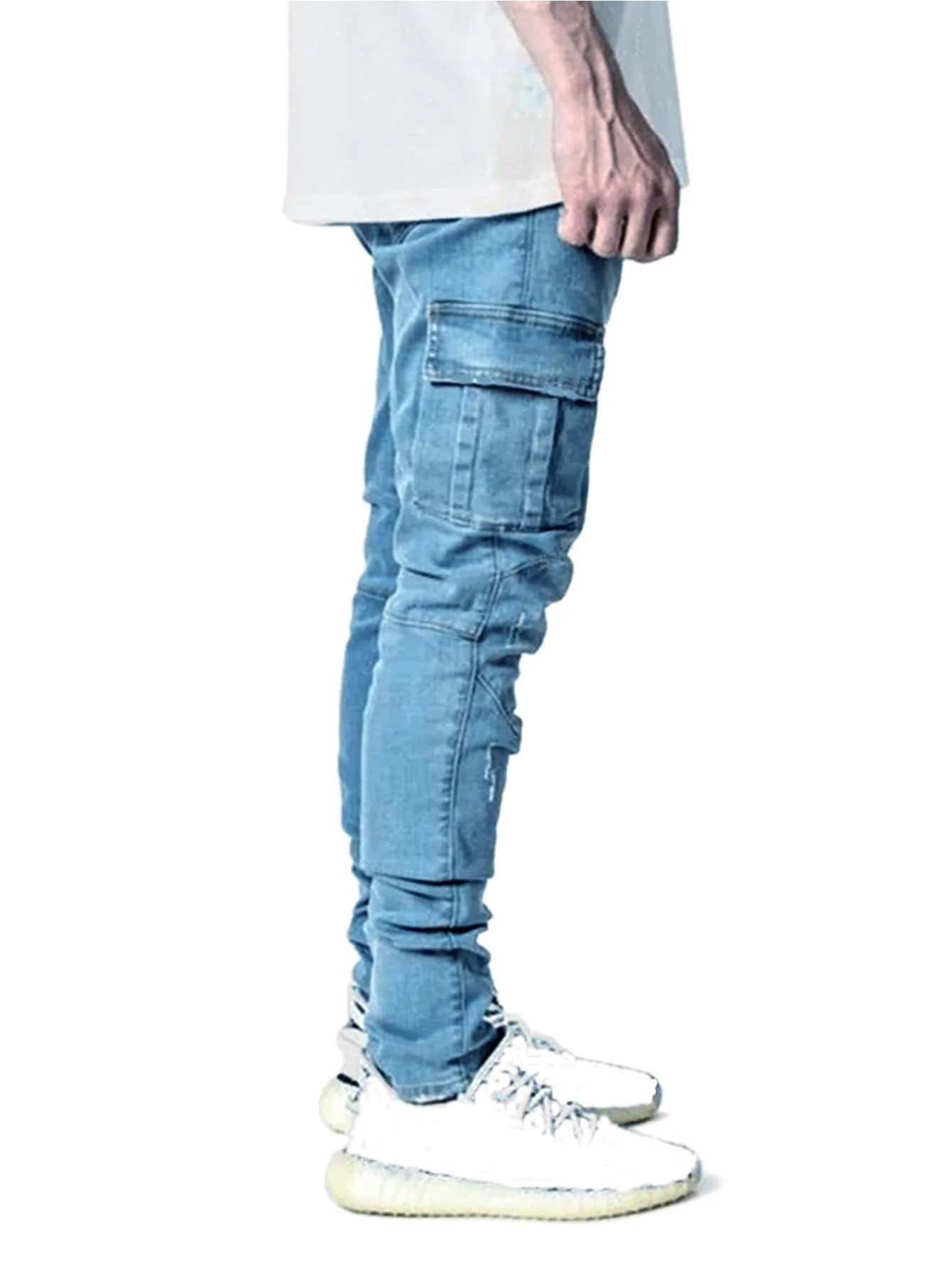 Fashion New Men's Denim Cargo Pants Multi-pockets Design Solid Slim Jeans Men Street Elastic Cowboy Trousers Daily Wear Joggers