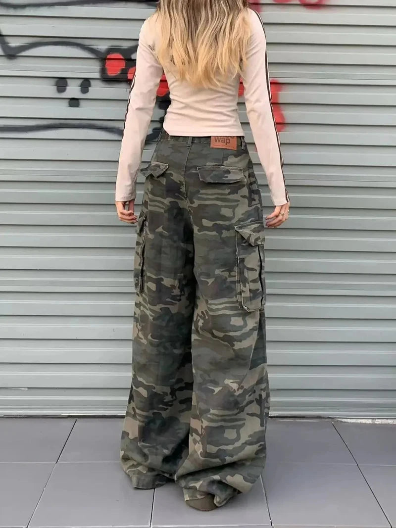 Women Y2K Camouflage Cargo Jeans Vintage High Waist Hip Hop Wide Leg Pants Female Street Wear Baggy Straight Denim Trouser - Premium Kiosk