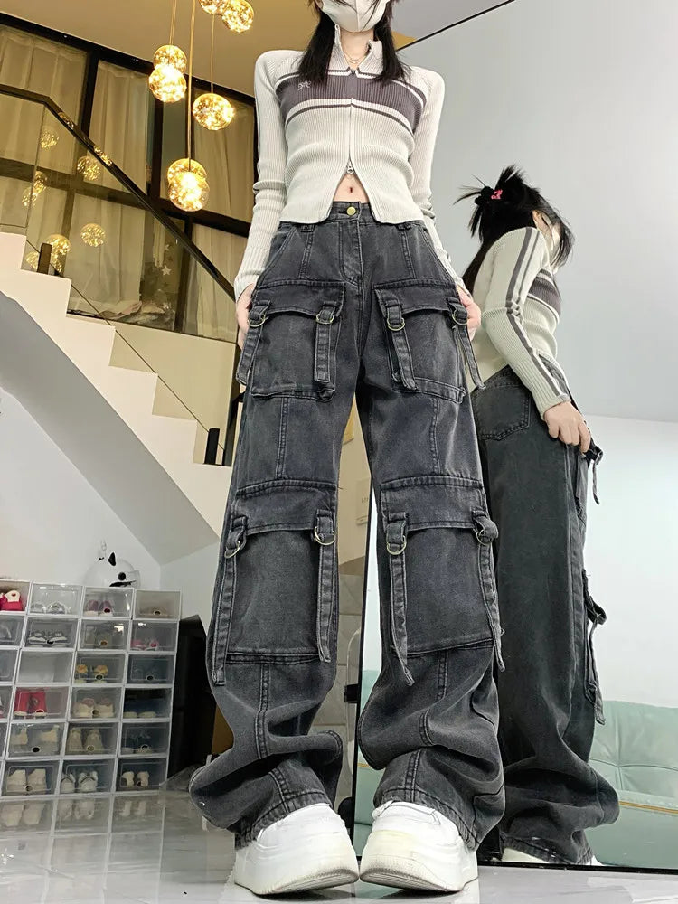 2023 Cyber Y2K Streetwear Grey Distressed Baggy Cargo Jeans Pants For Women Multiple Pockets Wide Leg Hip Hop Lady Old Trousers - Premium Kiosk