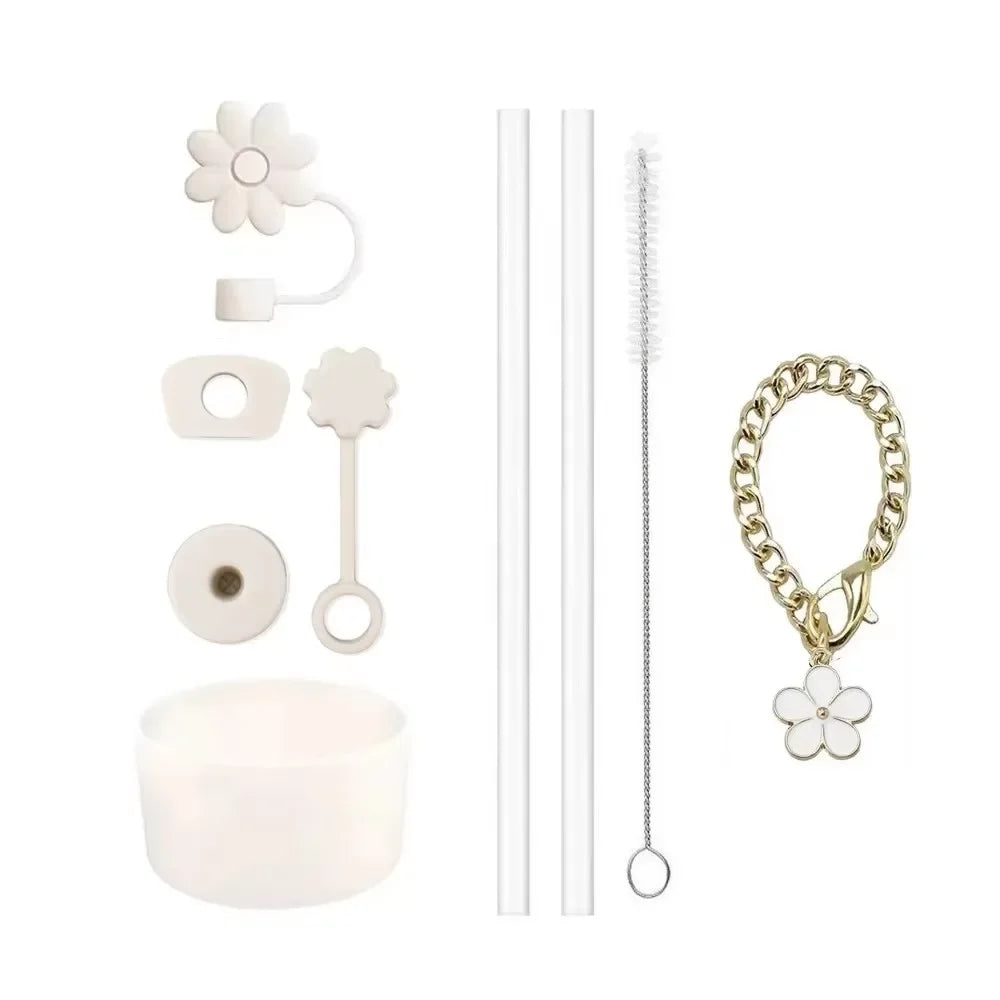 Accessories for Stanley Cup Set of 9, 2 Straw and Brush and 1 Flower Charm Chain 3 Spill Proof Stopper Flowers Straw Cover Boot