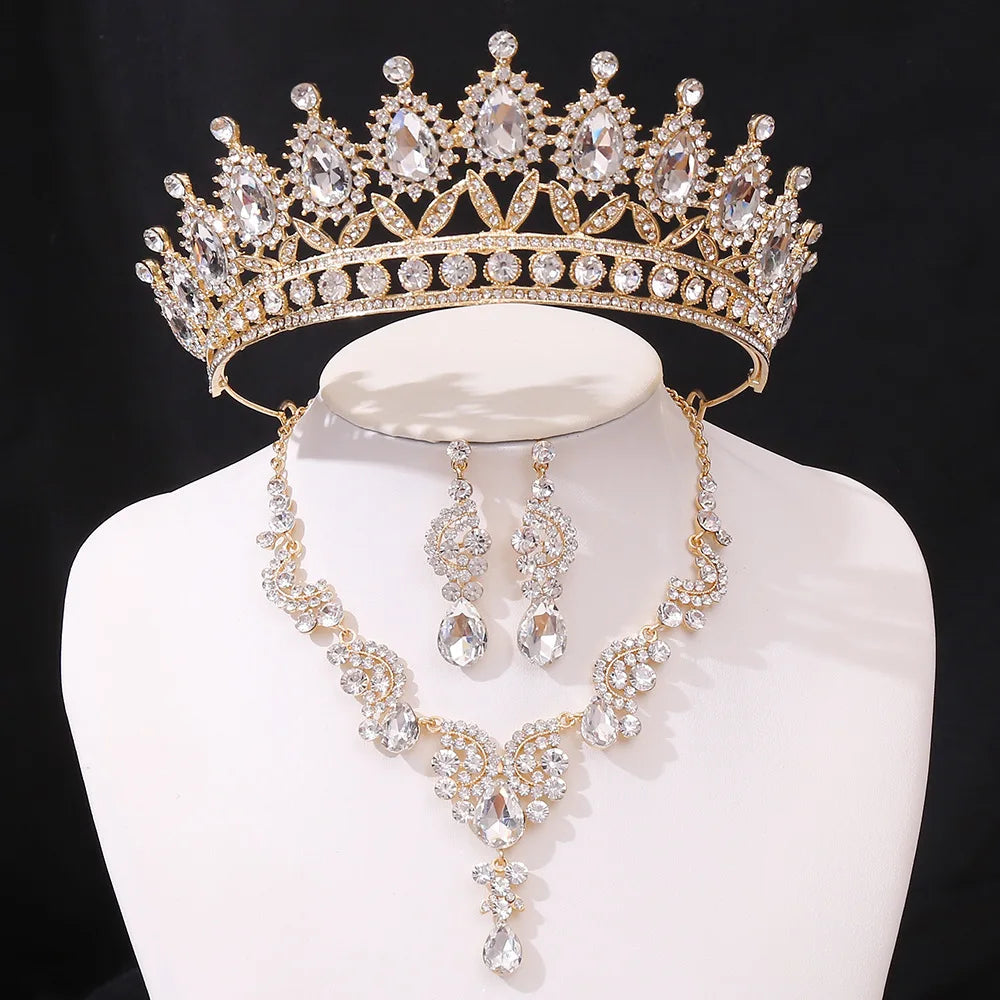 3pcs/set Princess Crown Bridal Jewelry Sets for Girls Water Drop Green Blue Red Crystal Tiaras Necklace Earrings New Jewelry Set