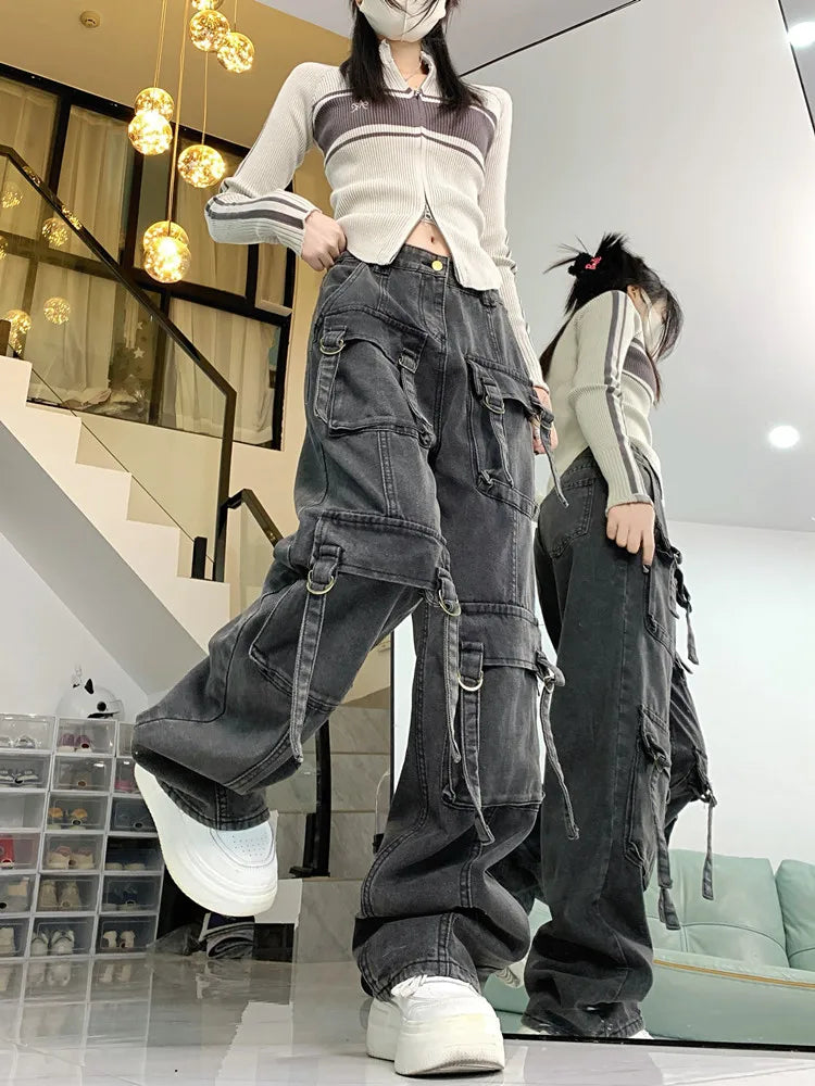 2023 Cyber Y2K Streetwear Grey Distressed Baggy Cargo Jeans Pants For Women Multiple Pockets Wide Leg Hip Hop Lady Old Trousers - Premium Kiosk
