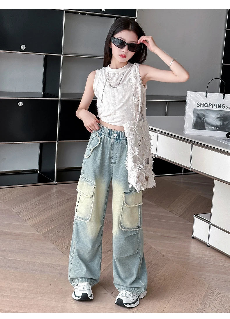 4-14 teen girls Jeans Summer Kids Cargo Pants Fashion casual versatile gradient Side Big Pocket Soft Thin denim wide leg pants - Premium Kiosk