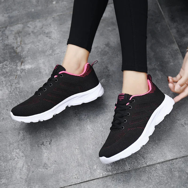 Women's Black Breathable Knitted Sneakers Casual Lace Up Outdoor Walking Shoes Comfortable Fashionable Versatile Tennis Shoes