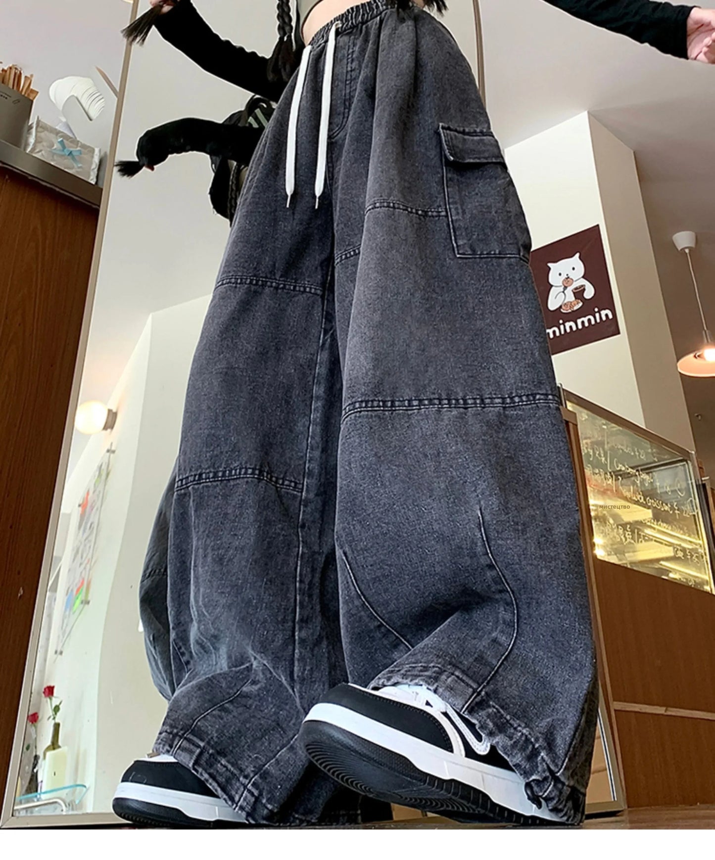 Cargo Jean Loose Wide Leg Workwear Jeans Elastic Waist Men and Women Spring Autumn Faion Brand Waed Out Trousers Straight Cut