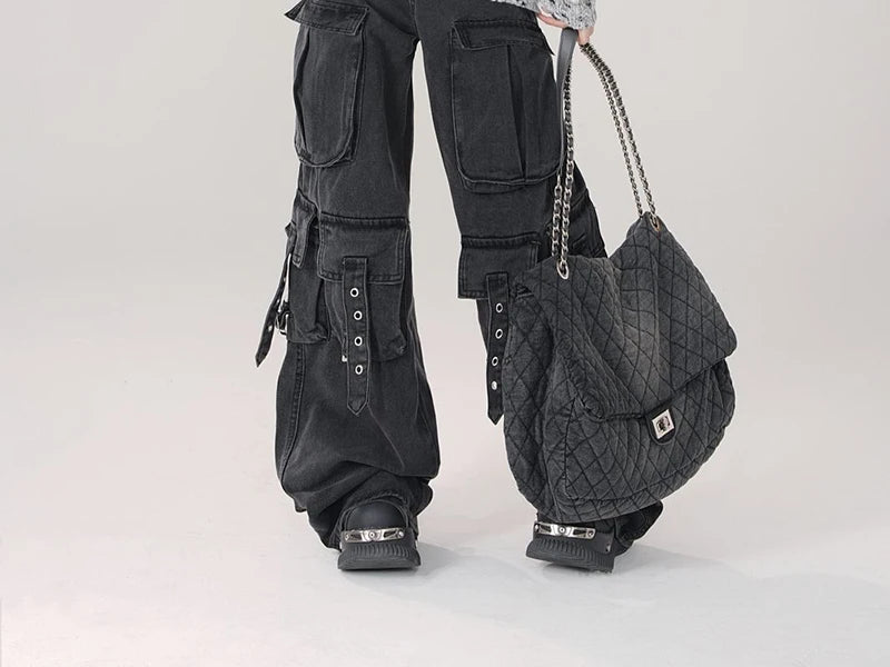 Y2K 2000S Black Cargo Jeans Women Vintage Streetwear Wide Leg Denim Pants Harajuku Aesthetic High Waist Baggy Straight Trousers - Premium Kiosk