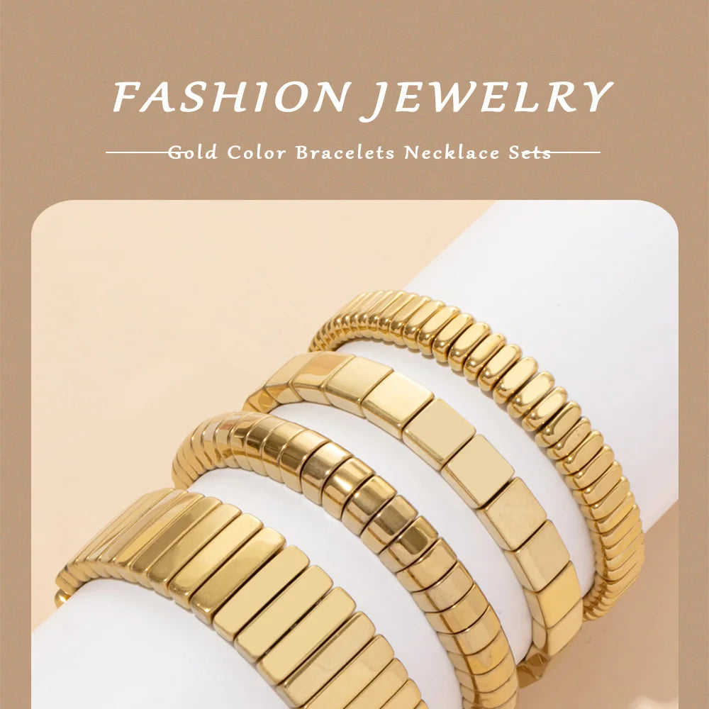 2024 New Design Golden Bracelets For Women Gold Color Hematite Beaded Elastic Bangle Sets Square Shape Beads Accessory