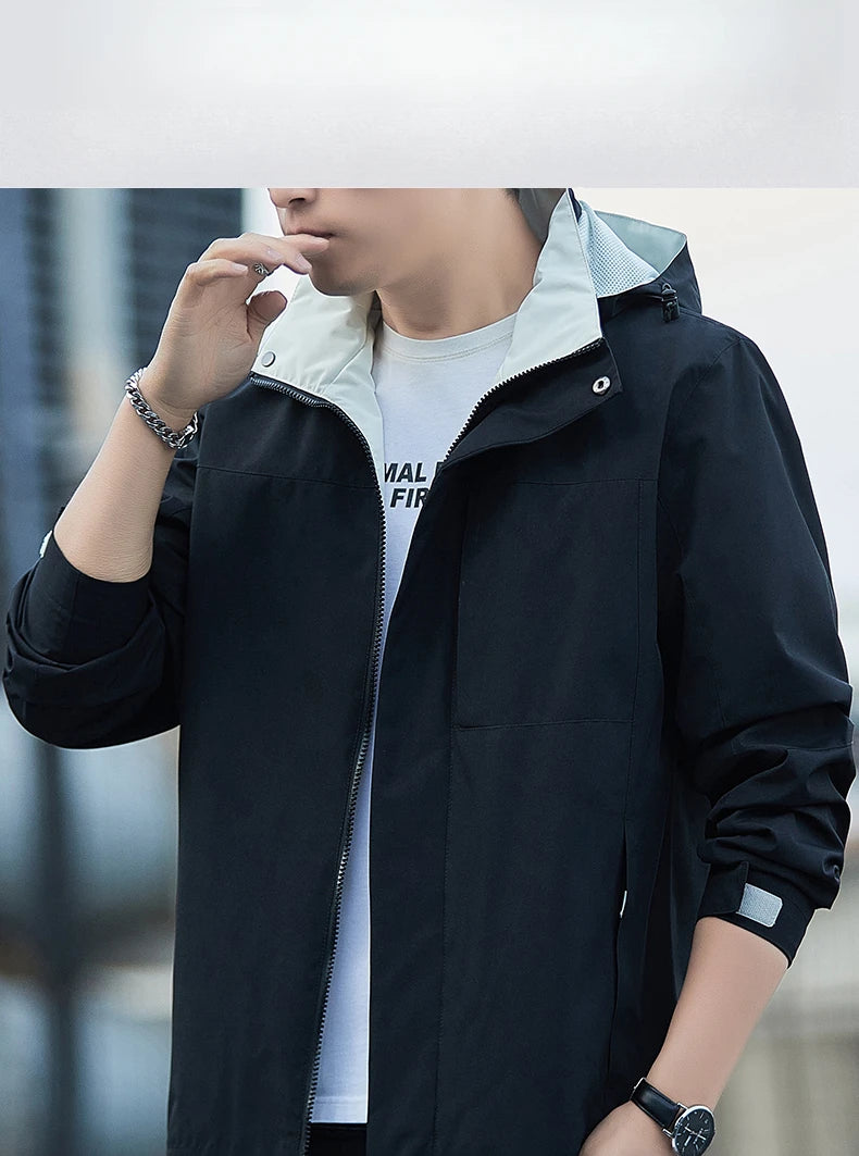 Jacket Men's 2025 Spring and Autumn Fashion Casual Waterproof Hooded Windbreaker Male Outdoor Camping Sports Solid Color Coat