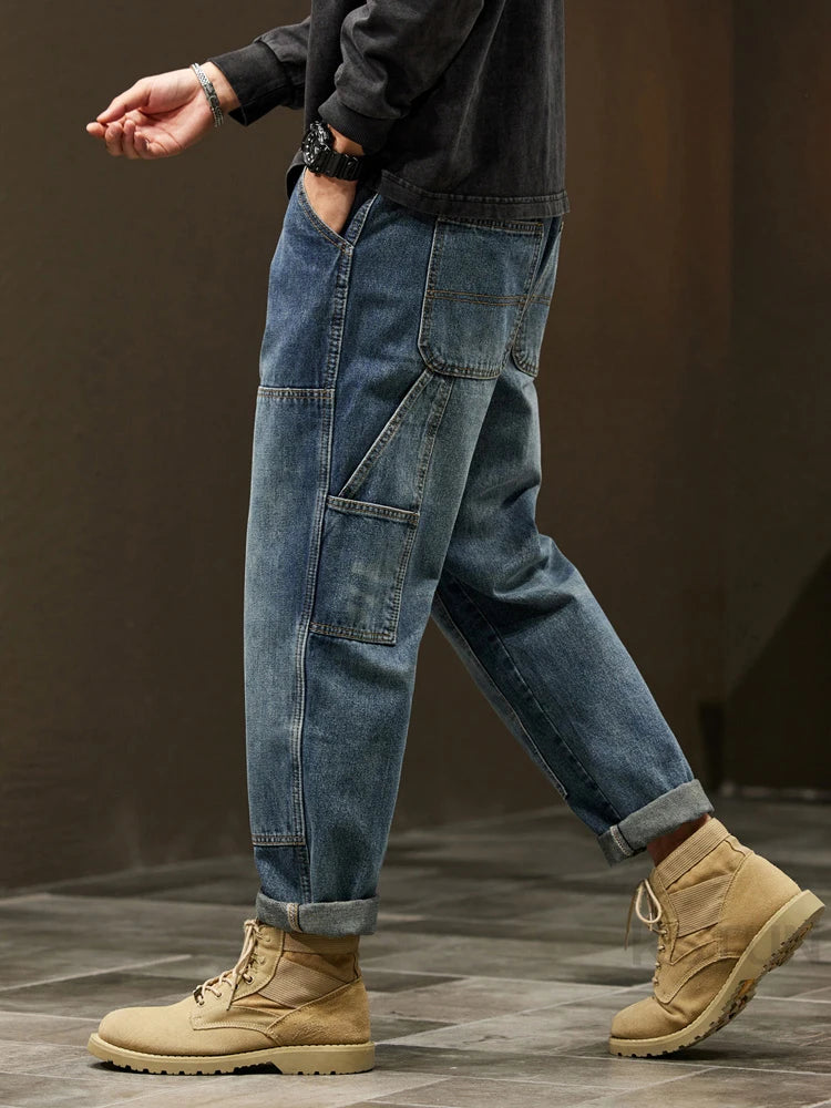 2024 Cargo Jeans Men Harem Pants Loose Baggy Pants Blue Patched Fashion Designer Pockets Trousers Oversized Tapered Streetwear - Premium Kiosk