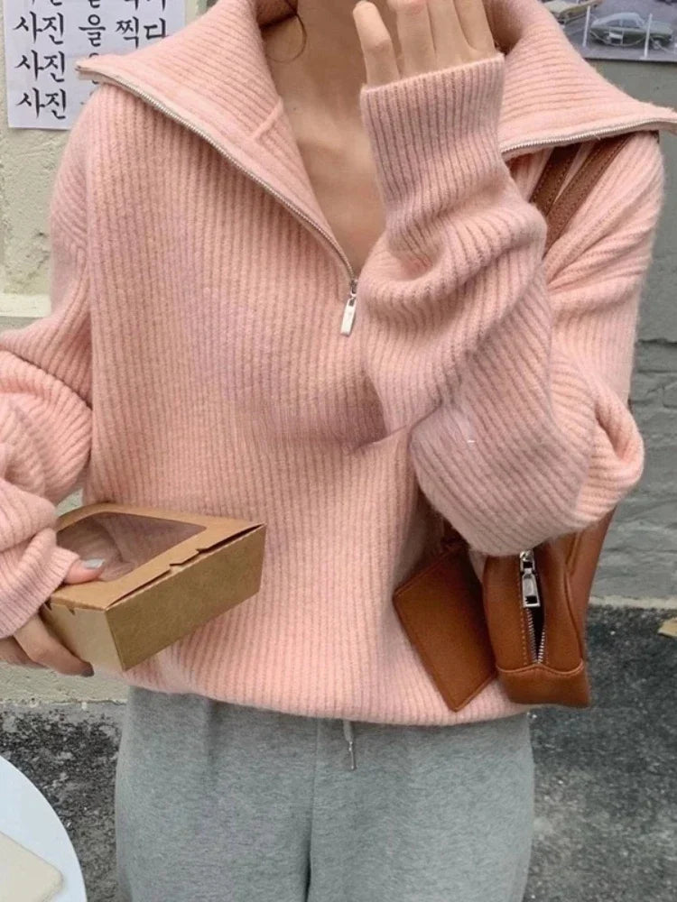 Women's Winter Sweaters Solid Grey Ladies Turtleneck Casual Loose Thick Zippers Pullovers Beautiful Oversized Sweater Women