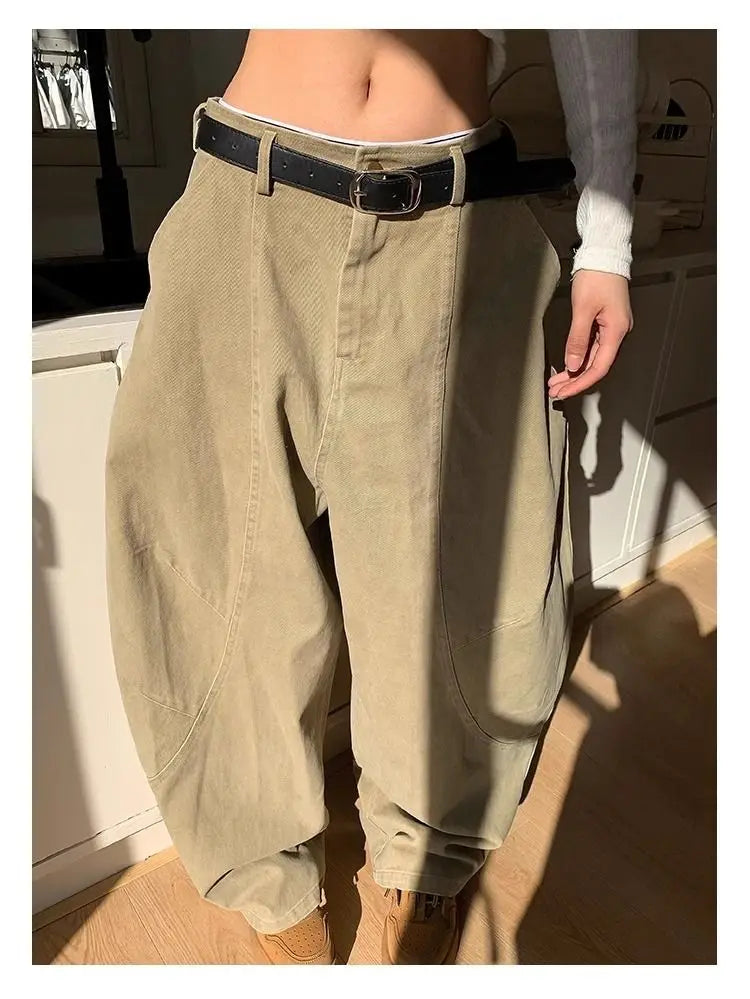Women's Y2K Vintage Wash Cargo Jeans Harajuku Scimitar Wide Leg American Retro Denim Pants Baggy Trousers Gyaru Streetwear - Premium Kiosk