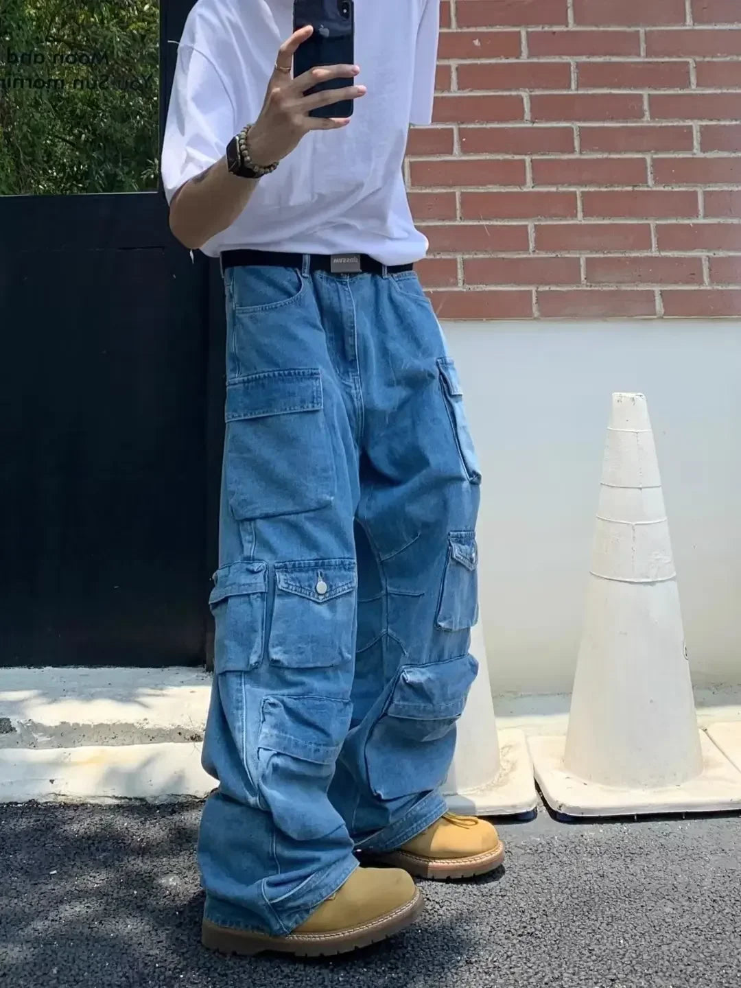 Men's Cargo Jeans Spring New Fashion Hip Hop Streetwear Multi Pocket Loose Blue Wide Legs Denim Pants Personalized Y2K Trousers - Premium Kiosk