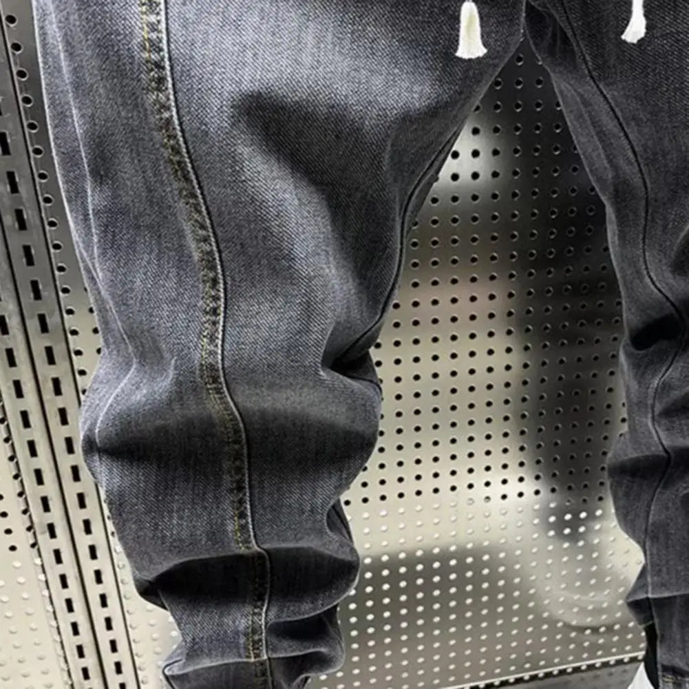 Elastic Waist Jeans Men's Elastic Drawstring Waist Denim Cargo Pants With Pockets Solid Color Harem Trousers For Spring Autumn - Premium Kiosk