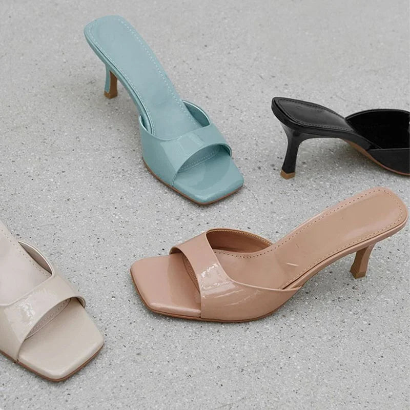 2024 Summer Slippers for Women Simple Mules Solid Color Women' Square Toe Stiletto Shoes Comfort Breathable Shallow High Heels - Premium Kiosk