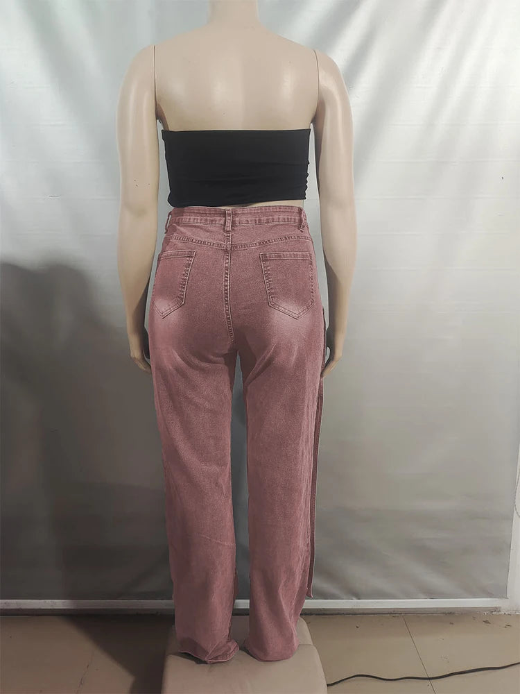 Women Streetwear Button Cutout Cargo Straight Denim Wide Leg Jeans Pants 2024 Elastic INS Fashion Party Cargo Trousers - Premium Kiosk