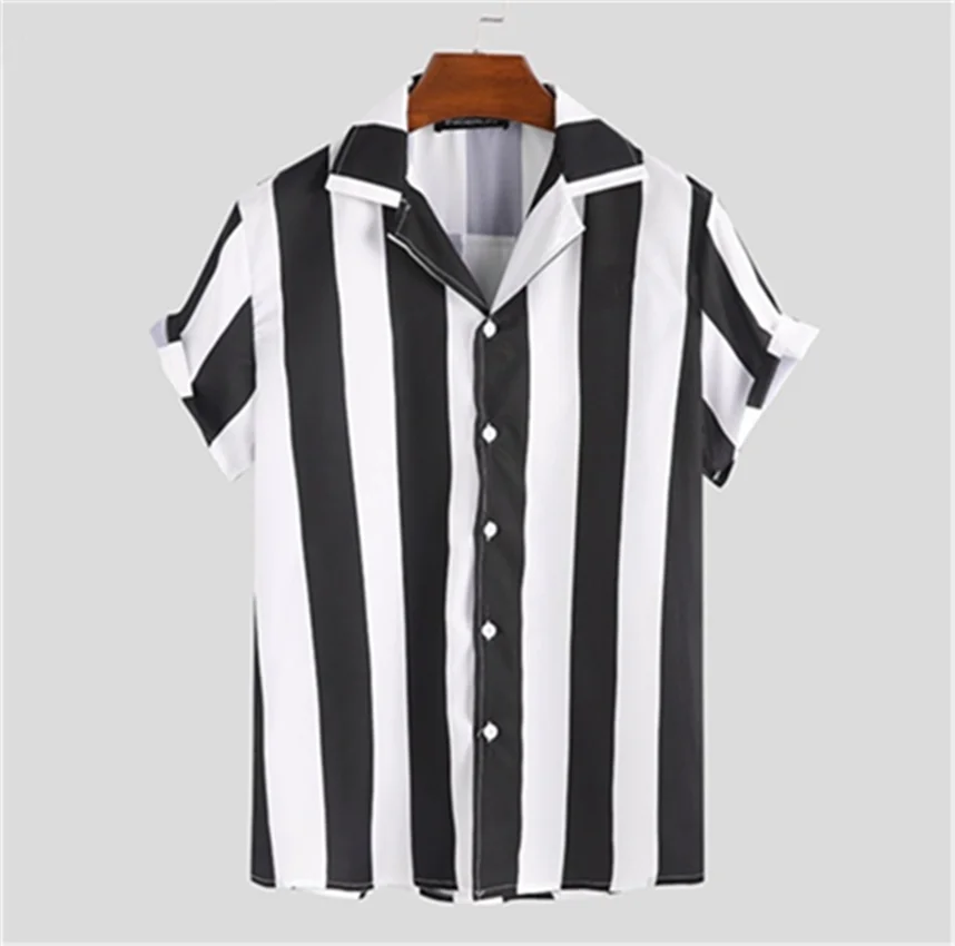 Men's striped casual shirt, summer beach casual loose-fitting short-sleeved shirt, summer daily commuting style travel shirt