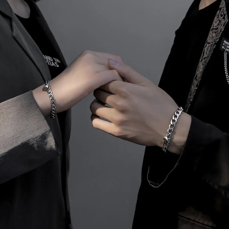 2Pcs/set Magnet Couple Bracelets Heart Attraction Bracelet Stainless Steel Charm Simple Cuban Chains Key Lock Jewelry Gifts