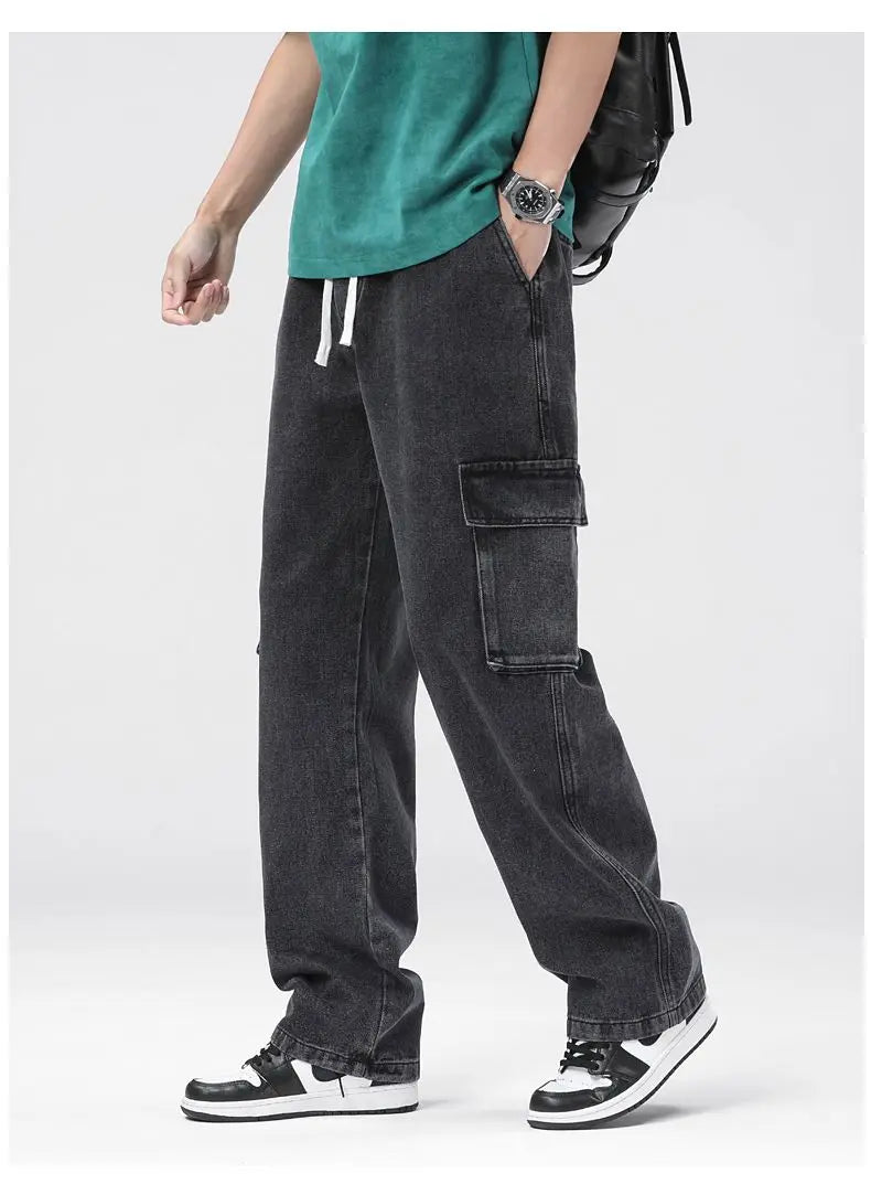 Men's Baggy Straight Cargo Jeans Elastic Waist Drawstring Casual Pants High Street Fashion Vintage Trousers Male Trendy Brand