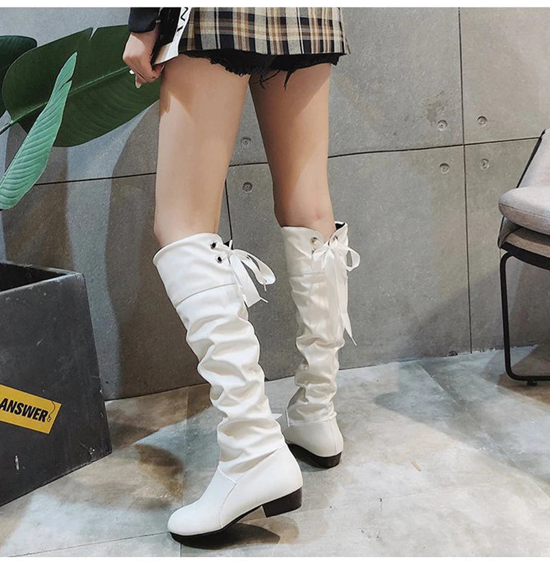 2023Shoes For Women Knee High Boots Red Black White Tall Boots Woman Pleated Low Heel Casual Leather Female Long Shoes