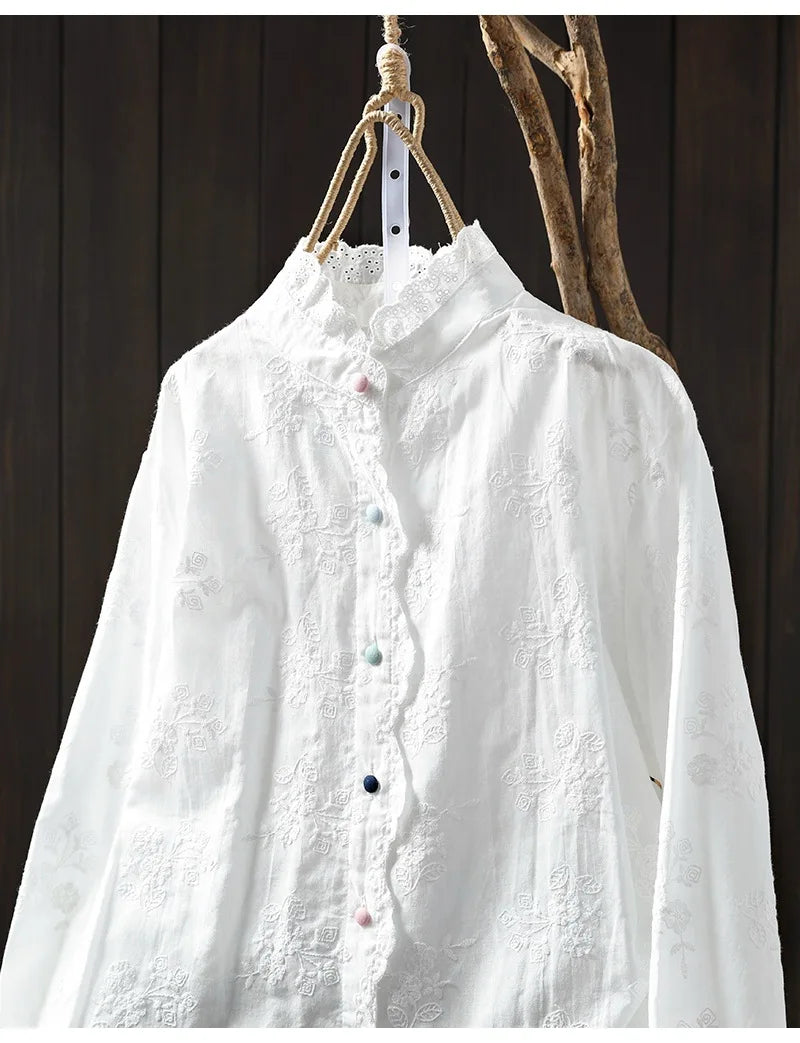 2025 Women's elegant blouse 100% cotton bohemian stand collar long sleeve white embroidery shirts female