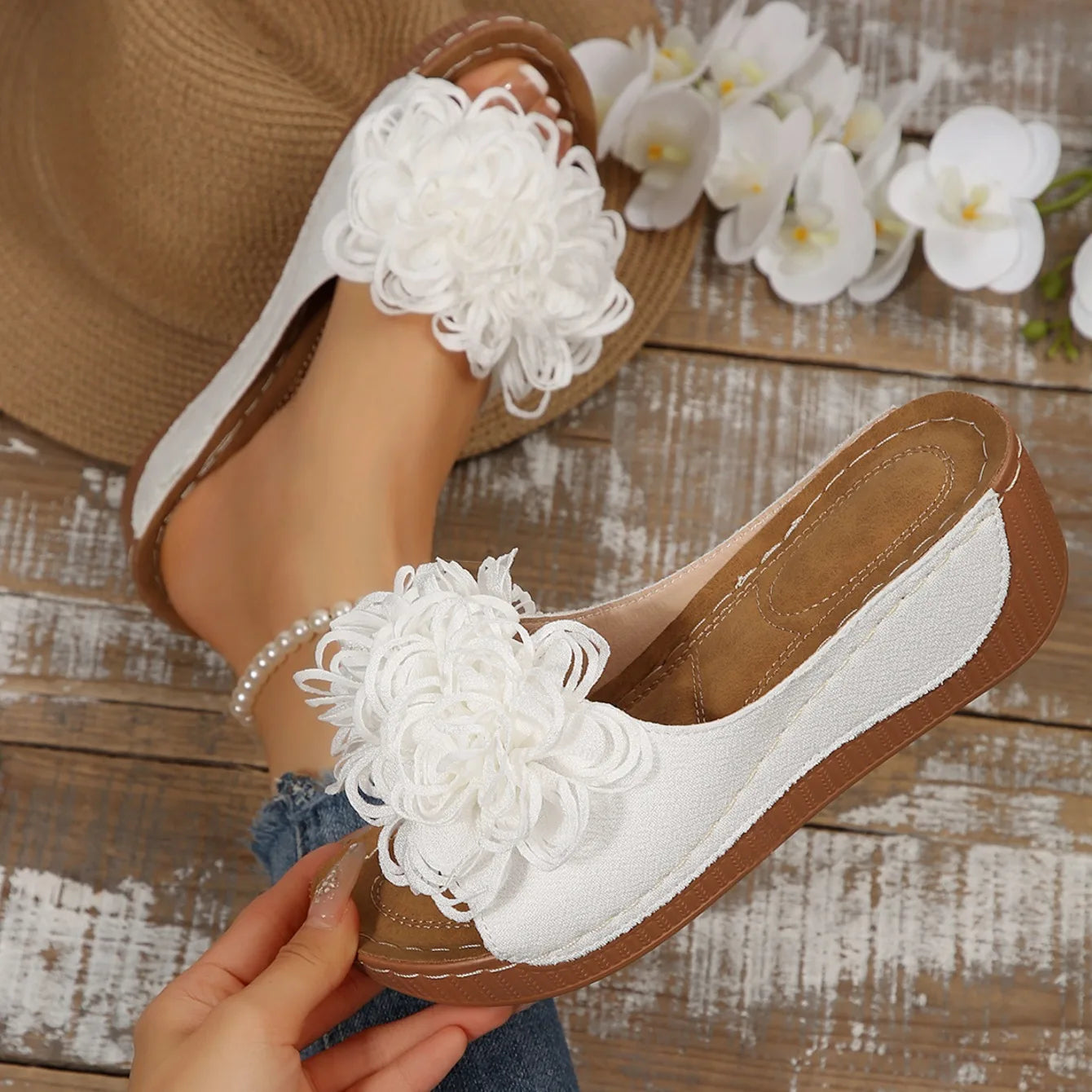 Women Wedges Slippers 2025 New Summer Sandals Slip on Fashion Woman Shoes Comfortable Flower Platform Slippers Slides Women - Premium Kiosk