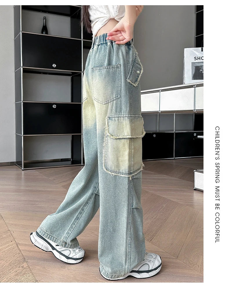 4-14 teen girls Jeans Summer Kids Cargo Pants Fashion casual versatile gradient Side Big Pocket Soft Thin denim wide leg pants - Premium Kiosk