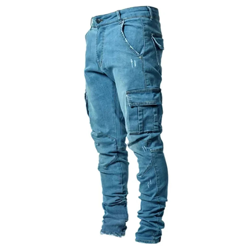 2025 Men Jeans Pencil Pants Cargo Denim Solid Ankle Length Washing Punk Mid Waist Sheath Gothic Slight Strech High Street - Premium Kiosk