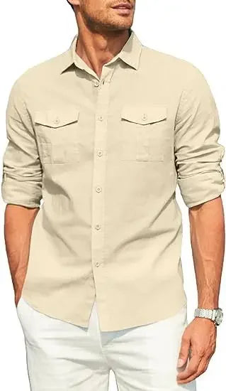 Men's Shirt Double-pocket Long-sleeved Shirt Casual Holiday Shirt Solid Color Simple Lapel Solid Color Work Shirt Top Shirt